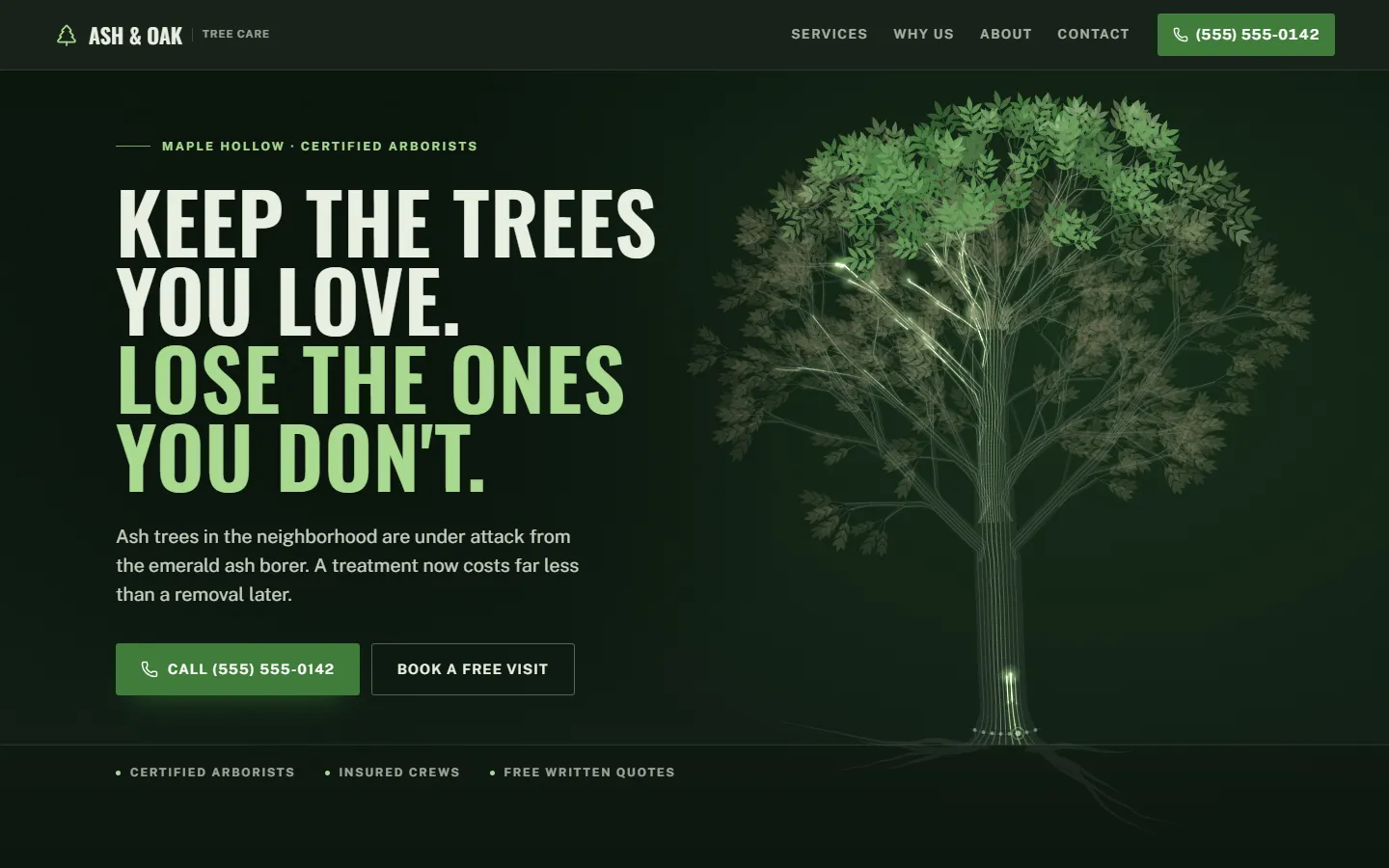 Home page of Ash & Oak Tree Care, a concept site