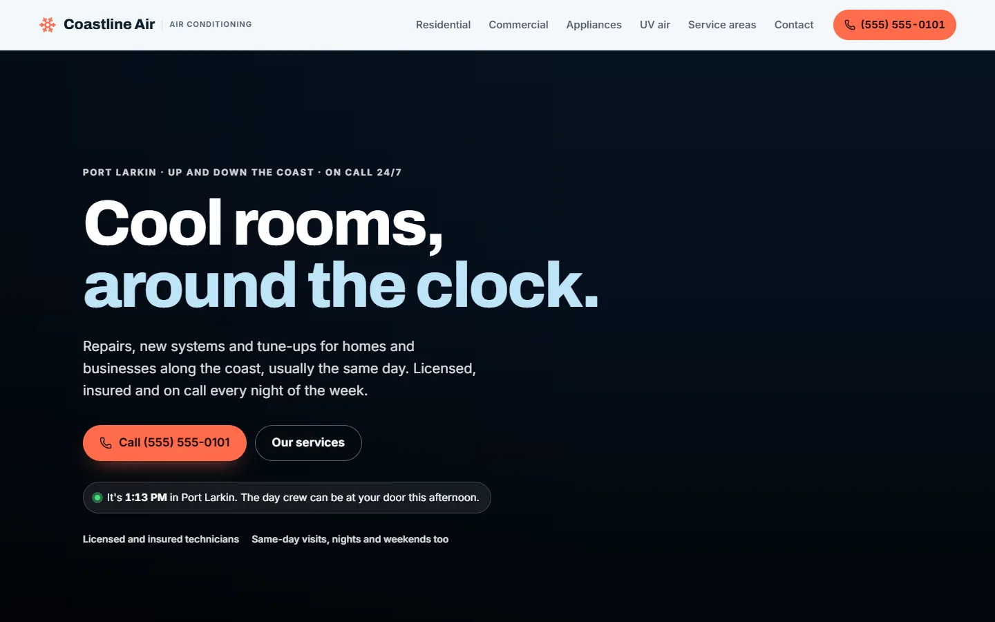 Home page of Coastline Comfort Air, a concept site