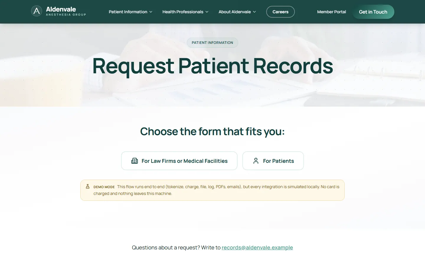 Aldenvale Anesthesia Group, records request on a desktop screen