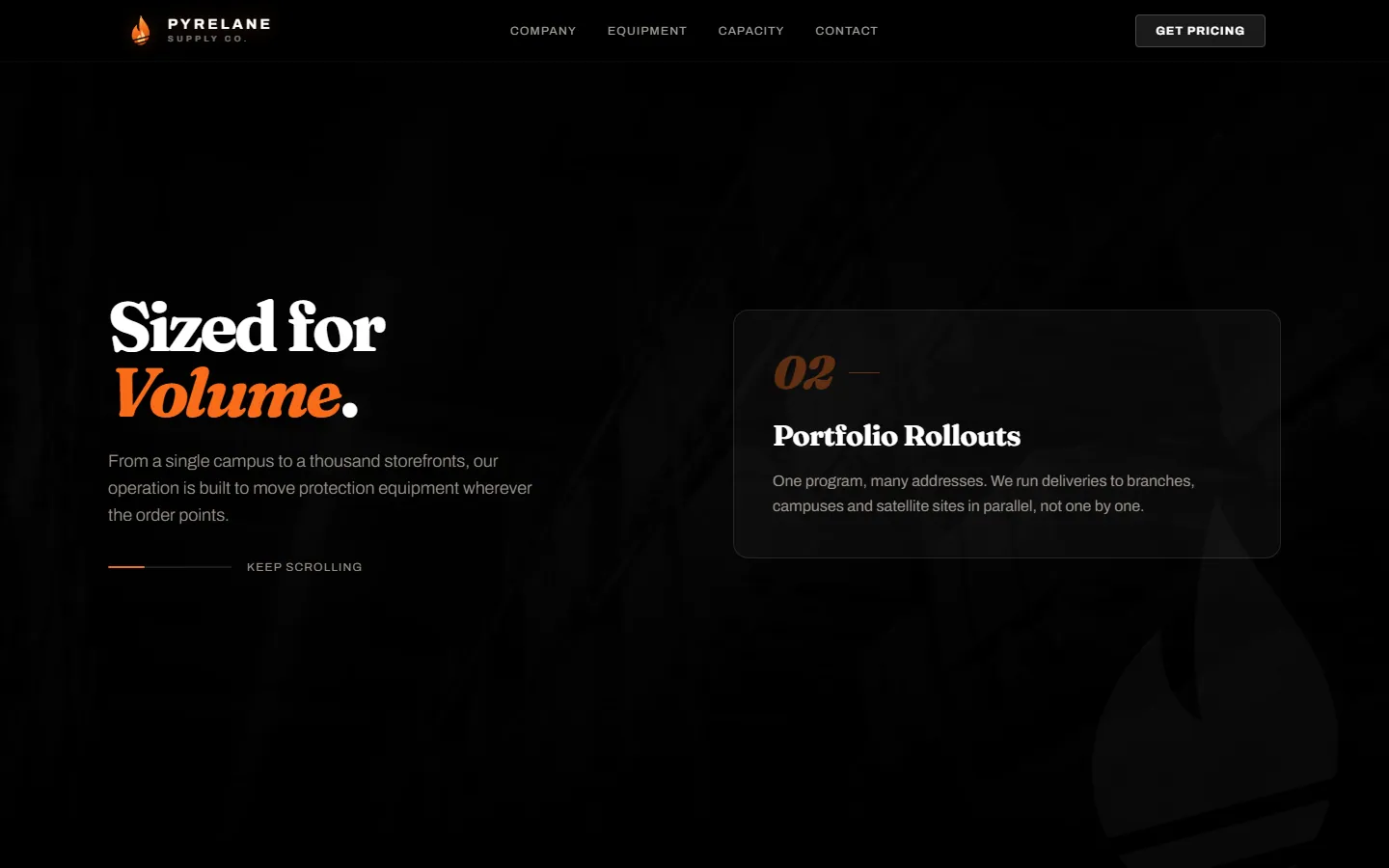 Pyrelane Supply Co., pinned capabilities sequence on a desktop screen