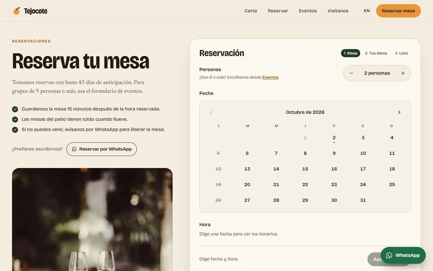 Tejocote, reservations on a desktop screen