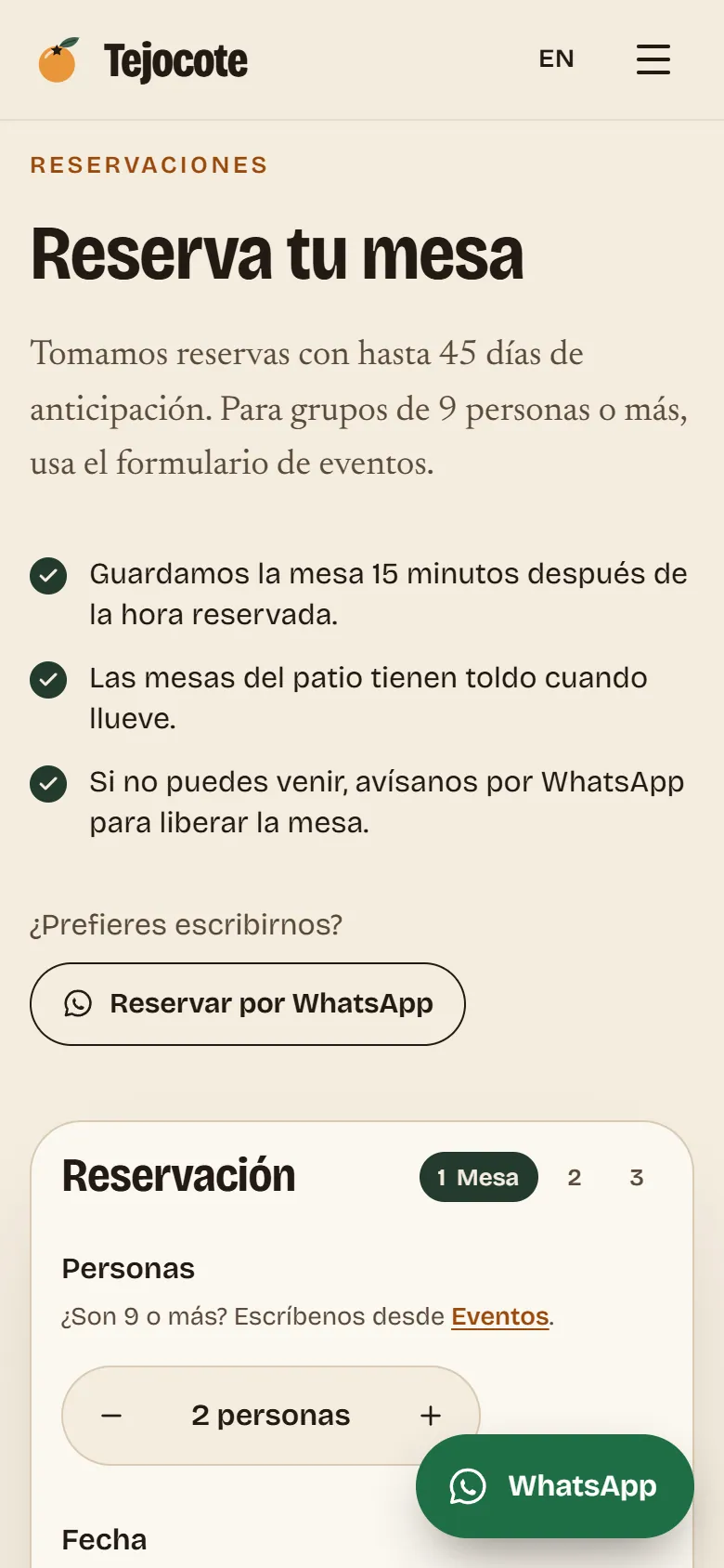 Tejocote, reservations on a phone