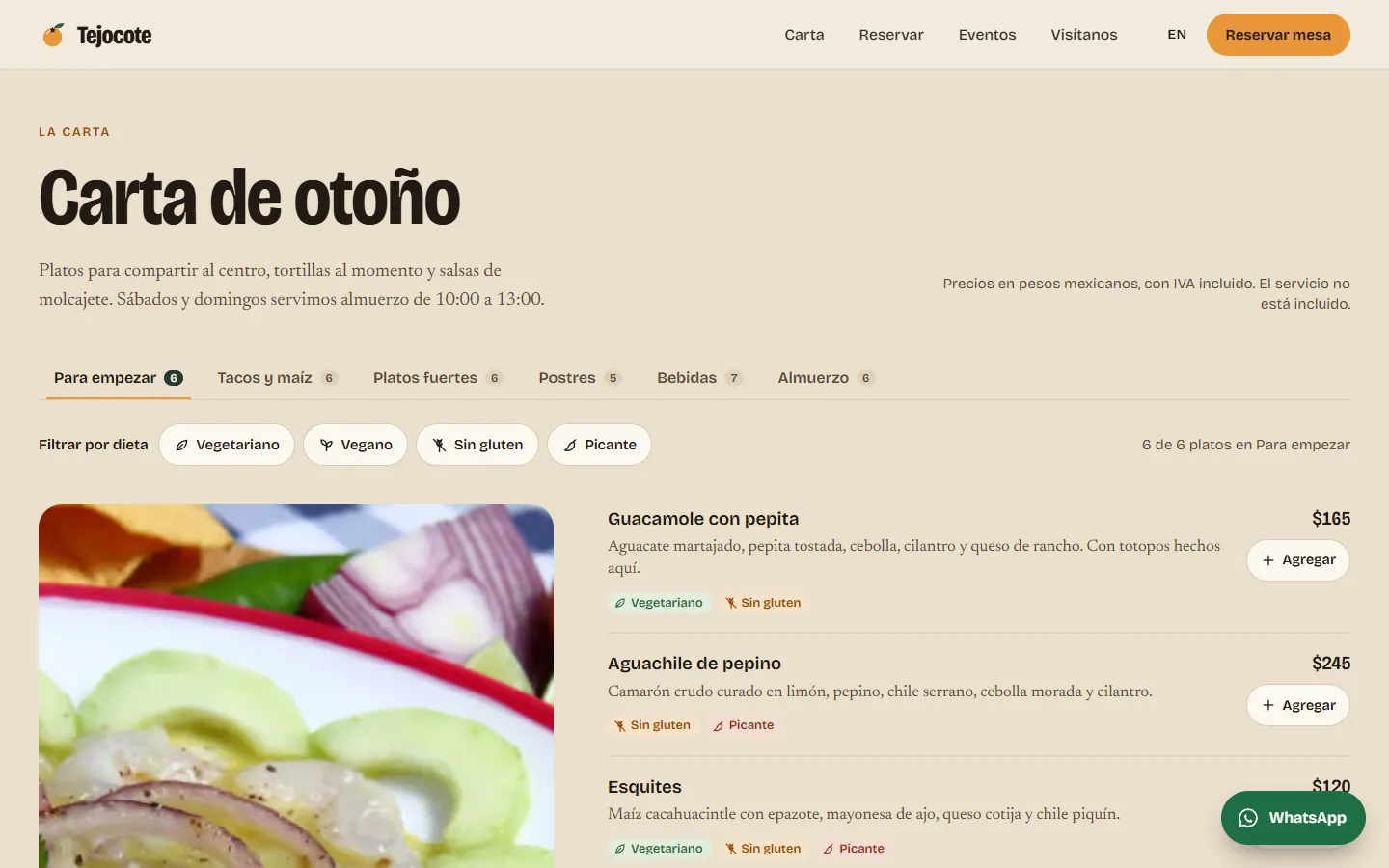 Tejocote, menu with dietary filters on a desktop screen