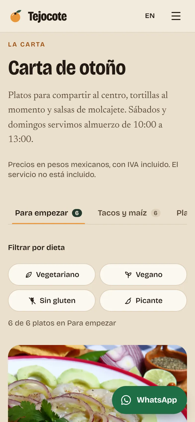 Tejocote, menu with dietary filters on a phone